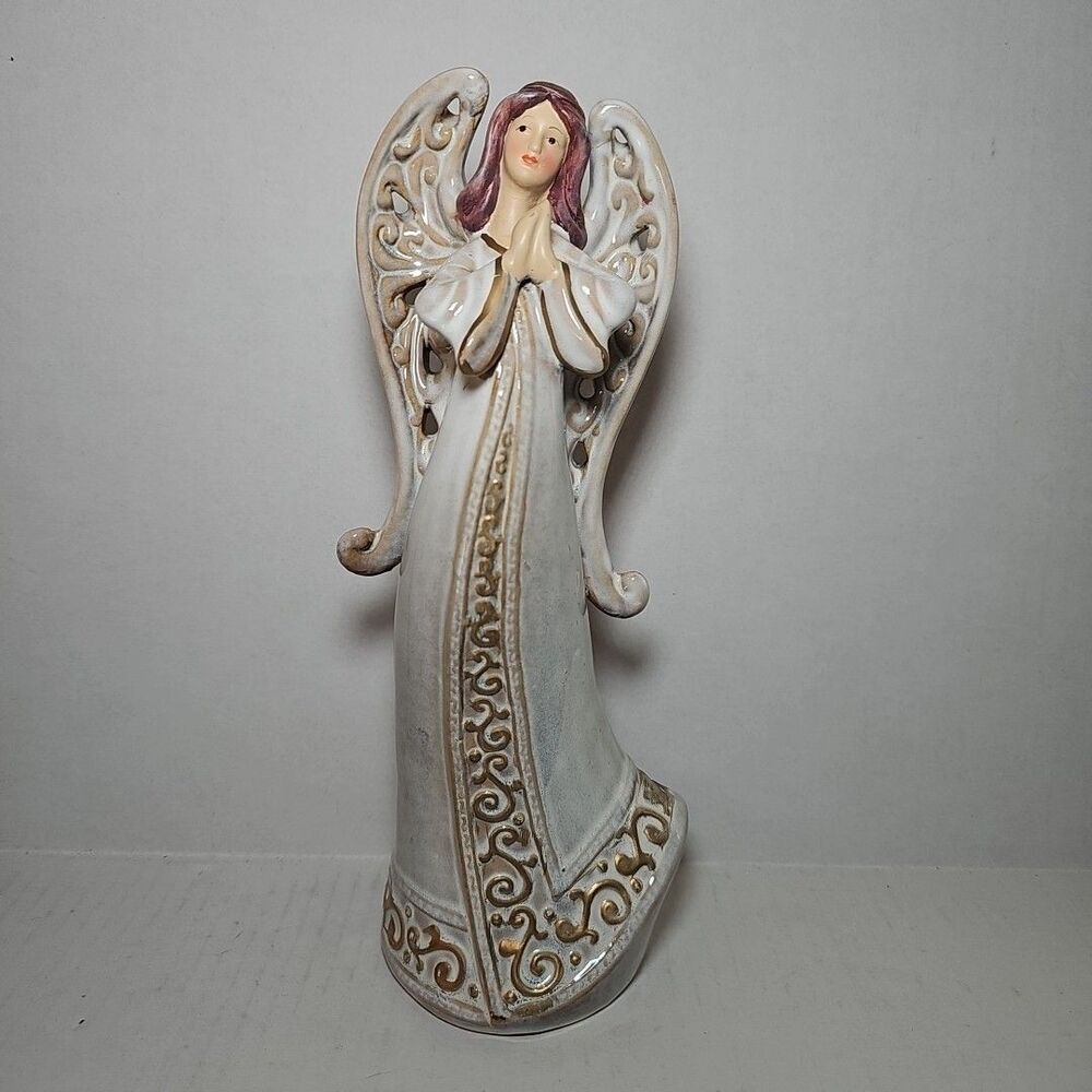 Stunning Ceramic Angel Figurine Praying Pose Purpleish White Dress Gold